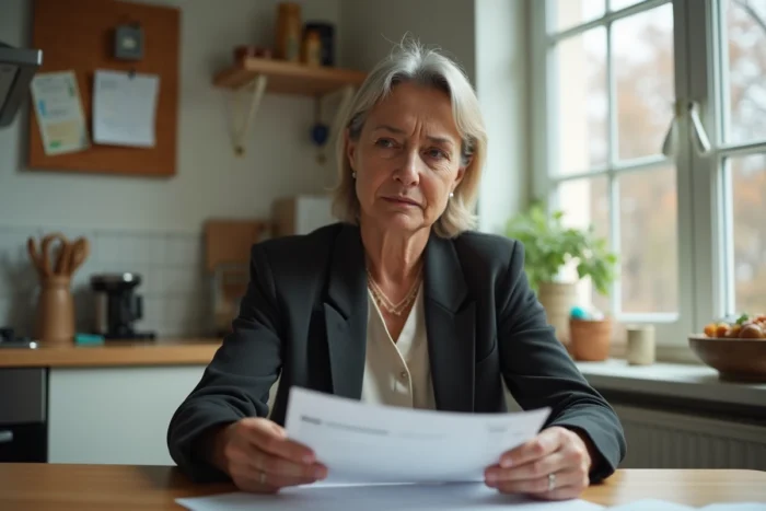 Femme d'âge mûr examinant ses finances à la table de cuisine, illustrant l'impact du revenu et du statut socioéconomique sur la santé