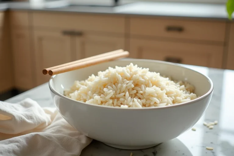 Bol de riz blanc cuit de la veille posé sur un plan de travail en marbre dans une cuisine moderne, illustrant les risques de conservation du riz cantonais