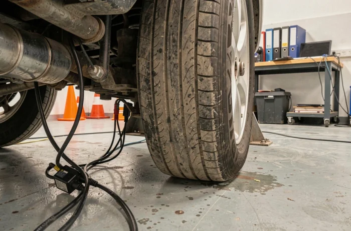 Roues arrière d'une voiture posées sur les rouleaux d'un banc de puissance lors d'un test de performance en atelier