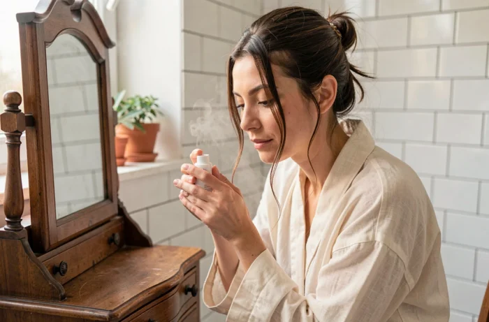 Femme appliquant une crème hydratante devant un miroir de vanité en bois dans une salle de bain de style parisien