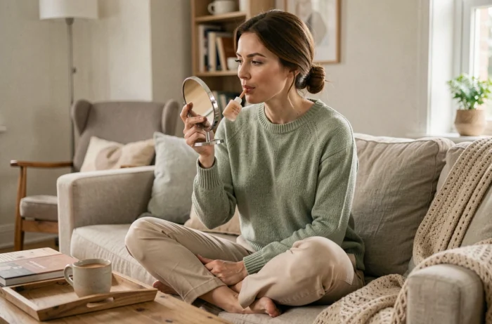 Femme appliquant un baume à lèvres teinté dans un salon de style scandinave lors de sa routine beauté matinale