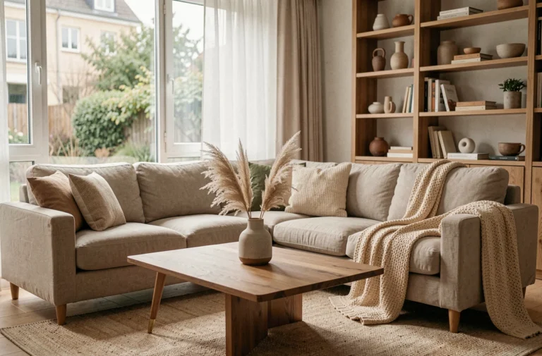 Salon scandinave moderne avec canapé en lin beige, table basse en bois et décoration végétale en herbes de la pampa séchées