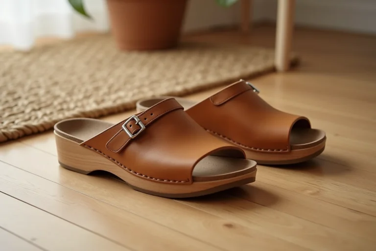 Paire de sandales Dr Scholl en bois et cuir posées sur un parquet en chêne, vue rapprochée mettant en valeur la semelle orthopédique et la sangle en cuir
