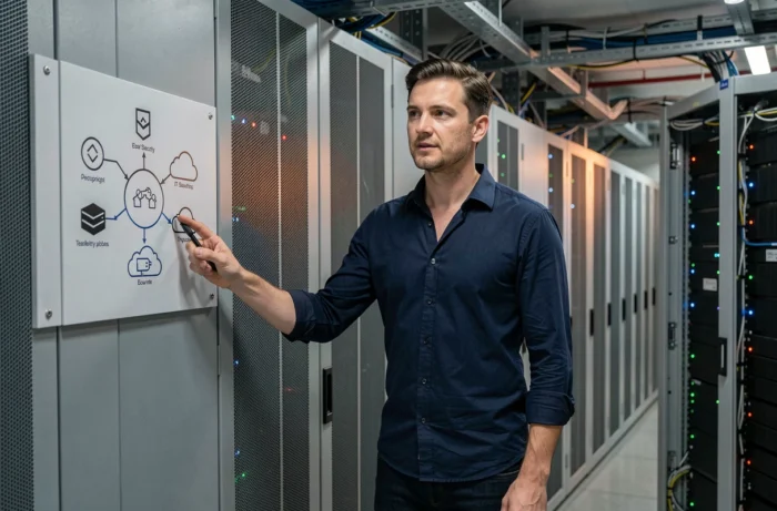 Technicien en sécurité informatique expliquant l'architecture de stockage sécurisé des images médicales en ligne dans un centre de données