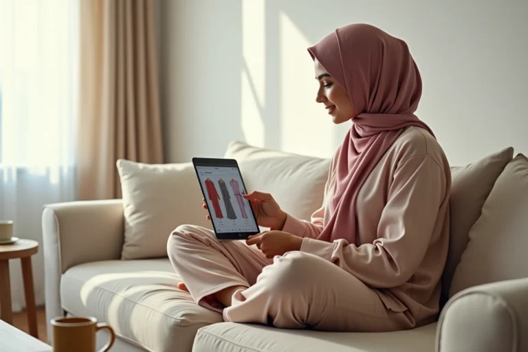 Jeune femme voilée faisant du shopping de djilbeb en ligne sur une tablette dans son salon moderne