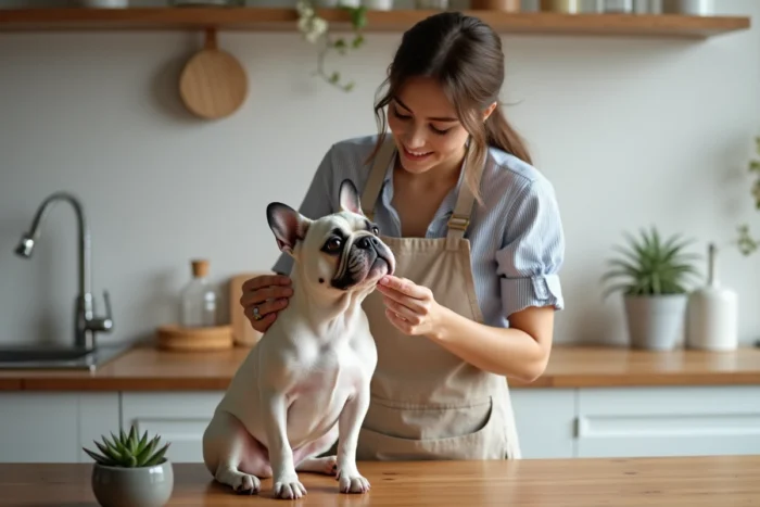Jeune femme appliquant un baume naturel sur le museau d'un bouledogue français dans une cuisine scandinave, soin bien-être animal quotidien