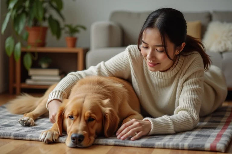 Femme brossant doucement son golden retriever sur un plaid en laine dans un salon cosy, soin cocooning pour chien