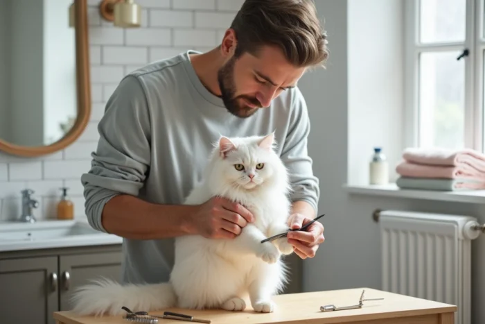 Homme soignant les pattes d'un chat persan blanc sur une table de toilettage dans une salle de bain, routine bien-être animal