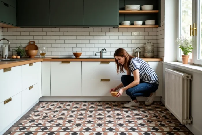 Sol de cuisine recouvert de carreaux de ciment graphiques à motifs géométriques en noir, blanc et terracotta sous des armoires blanches