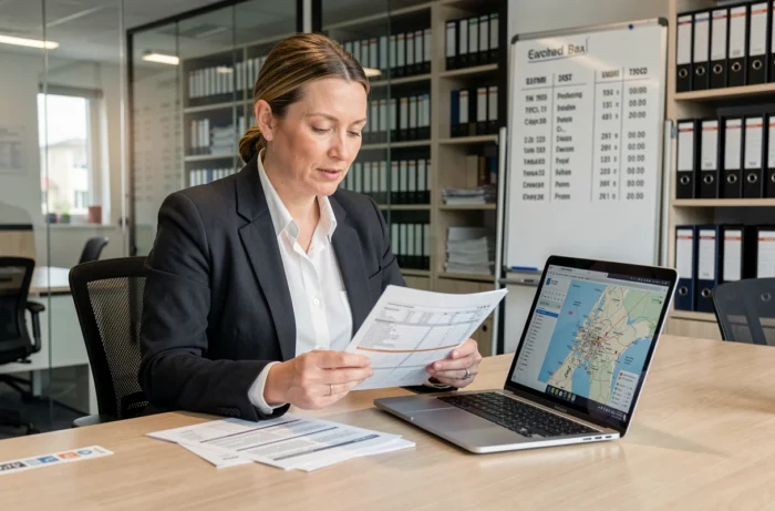 Femme d'affaires spécialiste en fret maritime analysant des manifestes d'expédition et des cartes de routes maritimes dans un bureau de transit moderne
