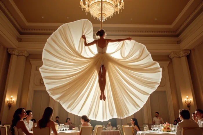 Danseuse aérienne en costume de soie suspendue au plafond d'une salle de réception lors d'un mariage à Lyon