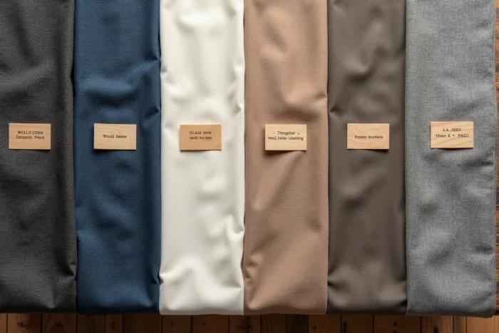 Collection de swatches de tissus premium du monde entier disposés en flat-lay sur une table en bois