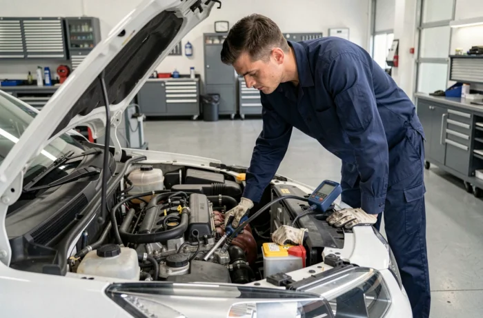 Technicien automobile inspectant le moteur d'une voiture neuve lors de la première révision en atelier