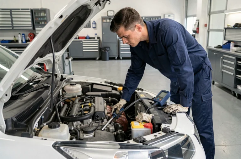 Technicien automobile inspectant le moteur d'une voiture neuve lors de la première révision en atelier