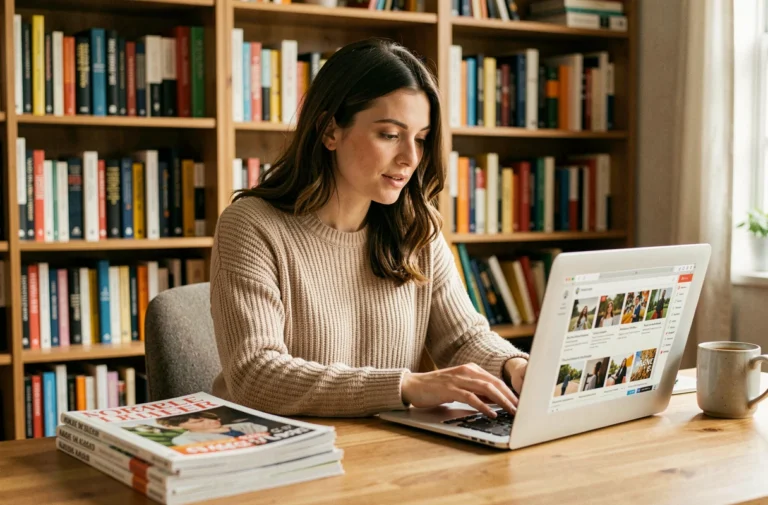 Femme parcourant une collection de magazines numériques sur un ordinateur portable dans un bureau à domicile cosy