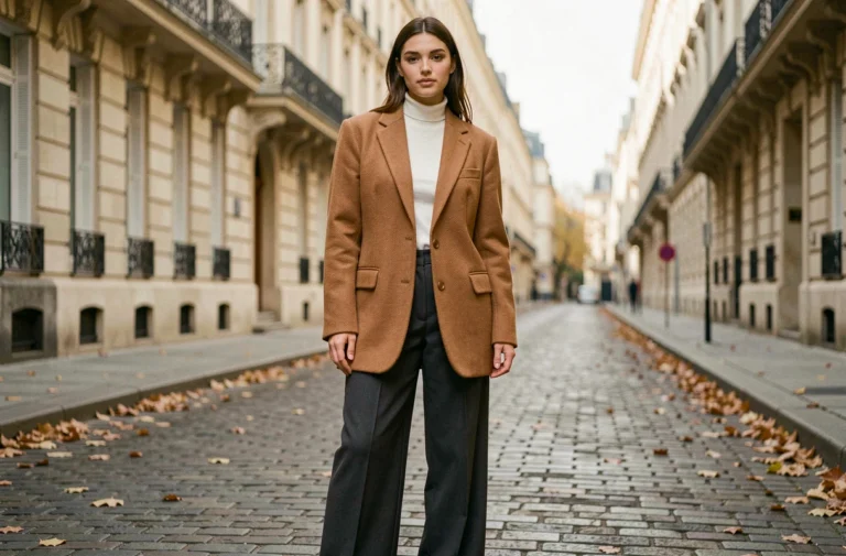 Jeune femme en blazer camel oversize et pantalon large charbon dans une rue pavée parisienne, look tendance automne-hiver