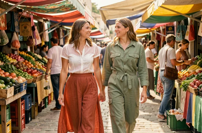 Deux femmes aux looks tendance terracotta et vert sauge se promenant dans un marché en plein air animé