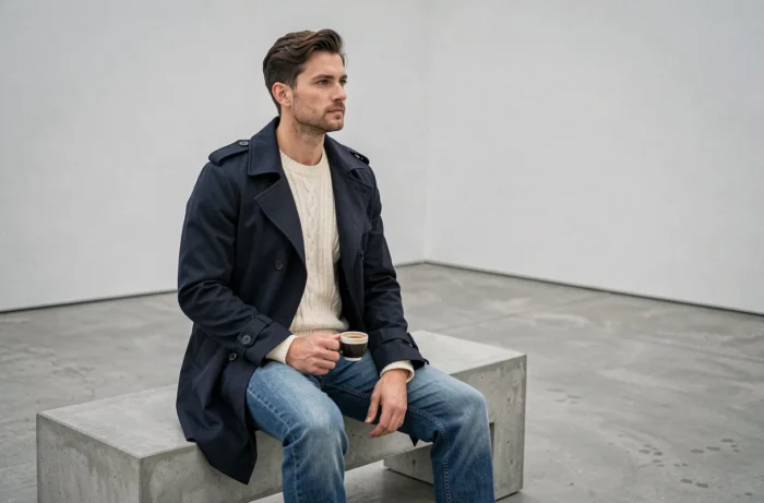 Homme en trench coat marine et pull en maille crème assis dans une galerie d'art minimaliste, style mode masculine tendance