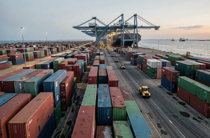 Terminal à conteneurs international vue grand angle avec grues portiques, navire cargo à quai et tracteurs portuaires illustrant l'infrastructure du fret maritime