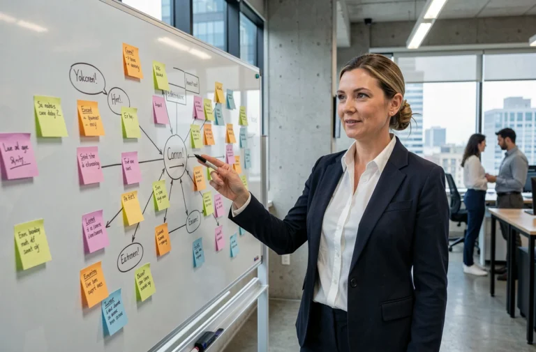 Directrice de transformation digitale présentant une stratégie d'innovation technologique sur un tableau de bord dans un bureau moderne