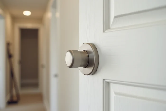 Gros plan sur un verrou à bouton en nickel brossé installé sur une porte d'entrée blanche en bois