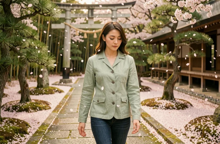 Visitante caminhando por um caminho de pedras cobertas de musgo no parque japonês de Maulévrier na primavera