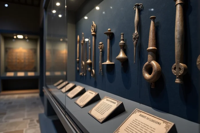 Vitrine de musée présentant des instruments judiciaires médiévaux en fer avec des panneaux explicatifs sur les supplices historiques