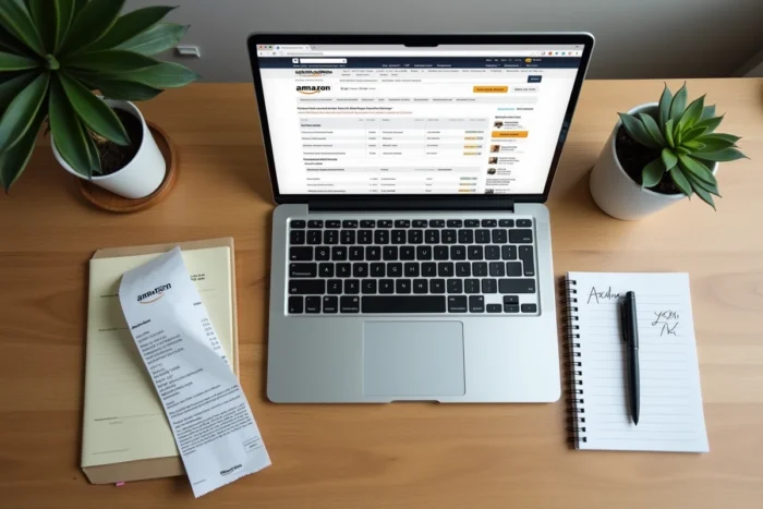 Vue aérienne d'un bureau avec un ordinateur portable ouvert sur la page d'archivage des commandes Amazon et un reçu imprimé