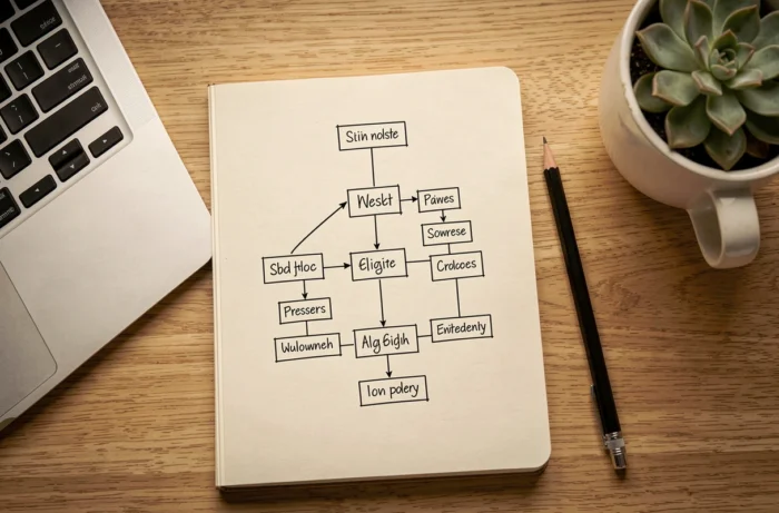 Luchtfoto van een minimalistisch bureau met een notitieboek dat een handgetekende sitemap bevat
