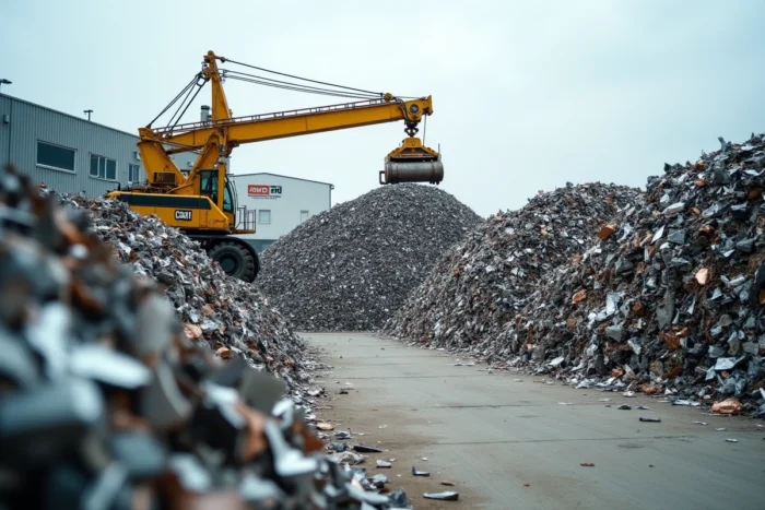 Vue panoramique d'un centre de collecte et recyclage de ferraille avec grues magnétiques industrielles